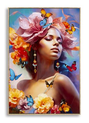 Quadro di donna colorato e vivace con capelli fioriti 62x92  43145