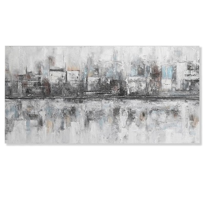 Quadro citt&agrave; astratta 120x60CM skyline grigio e azzurro materico lungo orizzontale COLORI E LUCI