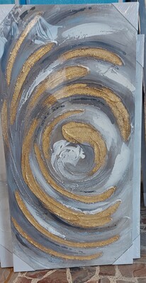 Quadro moderno vortice tortora grigio sprazzi azzurro e oro 100x50 40365 COLORI E LUCI