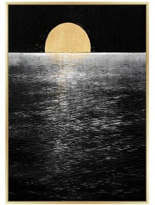 Quadro luna che sorge sul mare nero e oro con cornice oro 53x73 41052 COLORI E LUCI
