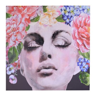 Quadro con testa di donna con capelli di fiori e lunghe ciglia 80x80 39411 COLORI E LUCI