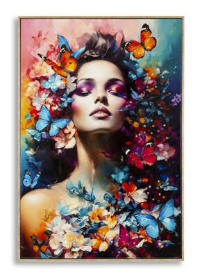 Quadro testa di donna con fiori e farfalle sulla testa 62x92  43144