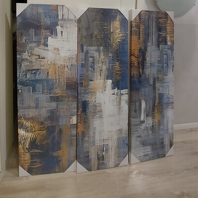 Quadro trittico grande 120x120 su tela astratto moderno blu bianco e oro 39903 COLORI E LUCI