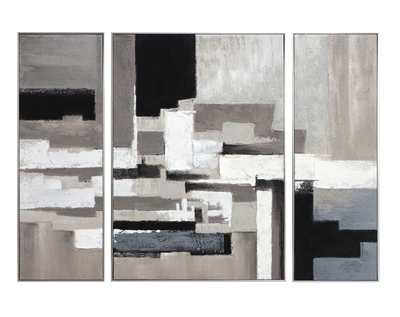 Quadro trittico astratto su tela toni del girigio nero geometrico 140x100 43093 COLORI E LUCI