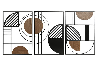 Trittico quadri moderni in metallo nero e legno decorazioni geometriche da parete 130X90  45763