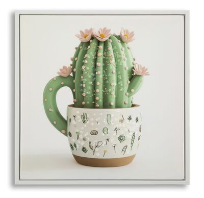 Quadro cactus in tazza con fiori rosa 40x40 stampa su tela laccata  43773