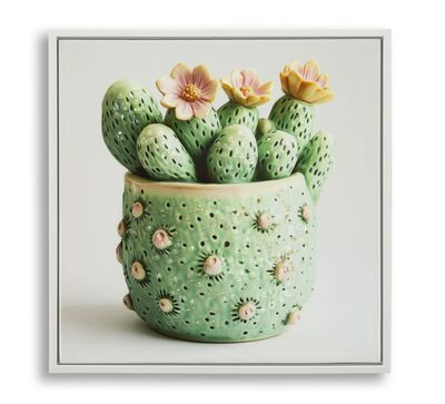 Quadro cactus fiorito stampa su tela laccata in vaso verde 40x40  43772