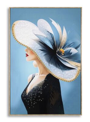 Quadro donna azzurro cappello fiorito chic senza tempo 62x92  43151