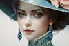 Immagine aggiuntiva di Quadro donna chic con cappello blu e fiore rosa 62x92  43147