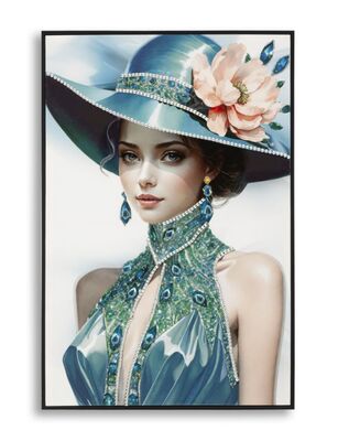 Quadro donna chic con cappello blu e fiore rosa 62x92  43147