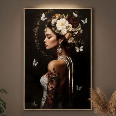 Quadro decorativo donna 62x92 con corona di fiori per living eleganti  44355