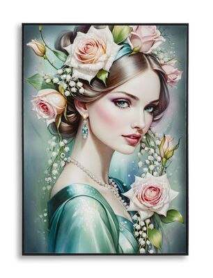 Quadro donna graziosa con rose e mughetti nei capelli 72x102  43152