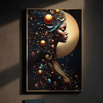 Quadro decorativo LED donna universo sfere dorate e luna 60x90  44362
