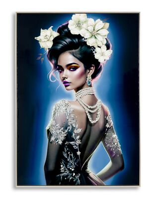 Quadro donna stilosa sguardo profondo fiori nei capelli 72x102  43149