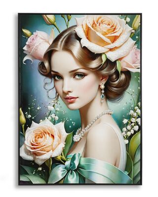 Quadro volto di donna romantico rugiada rose e mughetti 72x102  43153