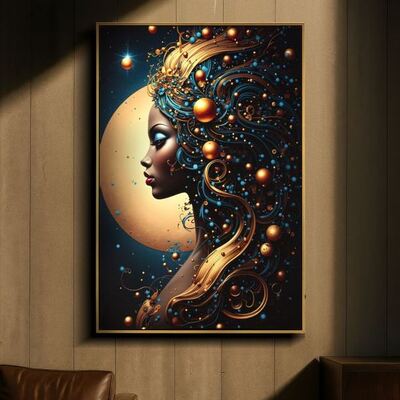 Quadro profilo di donna fantasy con led su sfondo di grande luna 60x90  44363