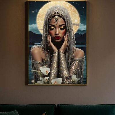 Quadro donna con copricapo gioiello led fiori e sfondo luna 70x100  44359