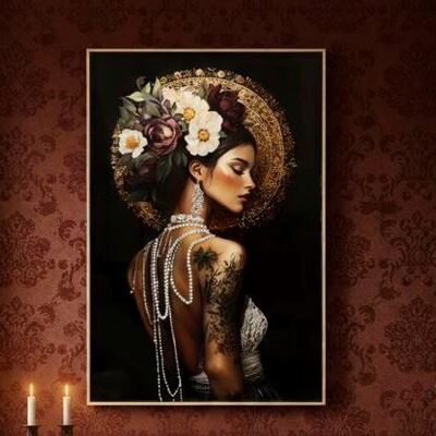 Quadro viso di donna con grandi fiori nei capelli 62x92  44354