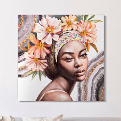 Quadro bellissima donna africana fiori in testa 100x100  40975
