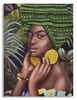Quadro grande 90x120 donna africana copricapo verde etnico e grandi orecchinii  40976