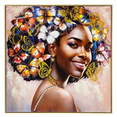 Quadro donna africana con farfalle in testa modello A 82x82  41304