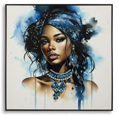 Quadro sfumature astratte blu e azzurre donna con turbante 82x80  43143