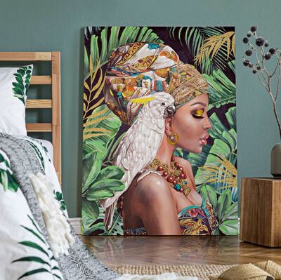 Quadro pappagallo bianco appoggiato sulle spalle donna 90x120  40982