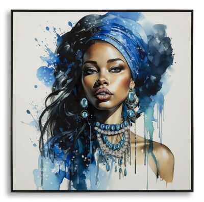 Quadro tribale donna etnico turbante e grande collana blu 82x82  43142