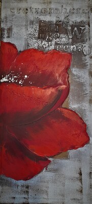 Quadro fiore pennellature rosse scritte in rilievo e sfondo tonalit&agrave; tortora 39944 COLORI E LUCI