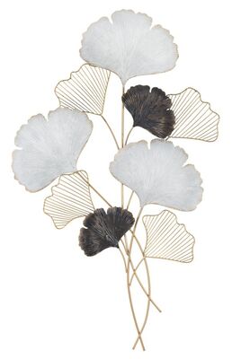 Quadro decorativo in metallo mazzo di foglie chiaro scuro griglia oro 66x109  40786