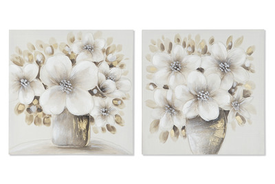 Set 2 quadretti fiori tonalit&agrave; tortora oro 40x40 particolari dipinti 41345 COLORI E LUCI