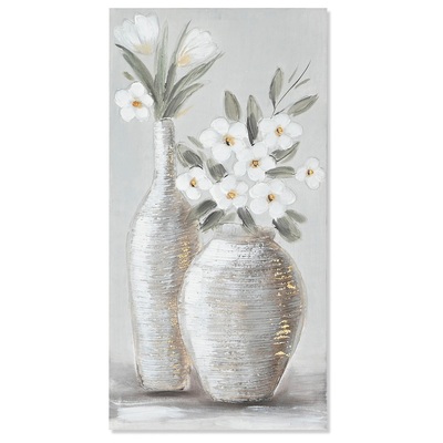 Quadretto vasi fiori bianchi grande e piccolo toni tortora grigio 30x60 41075 COLORI E LUCI
