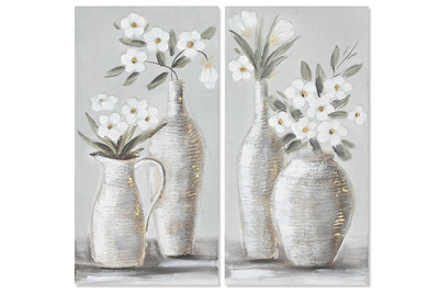 Set 2 quadri vasi fiori bianchi toni tortora grigio 30x60 stretti e lunghi 41076 COLORI E LUCI