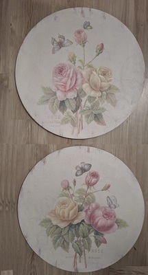 Set 2 quadri rotondi 60cm shabby bouquet rose e farfalle COLORI E LUCI