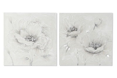 Coppia quadri su tela fiori bianchi toni grigio e argento 80x80 41348 COLORI E LUCI