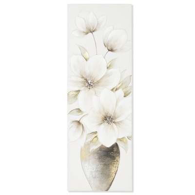 Quadro verticale sfondo tortora vaso di fiori bianchi con foglie verdi 120x40 41352 COLORI E LUCI