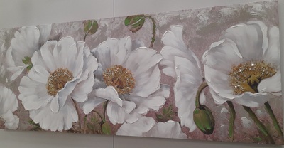 Quadro grande mod. A con splendidi fiori bianchi e pistilli brillantini 150x60cm 40111 COLORI E LUCI