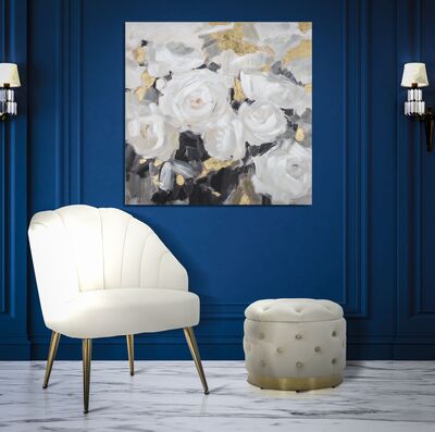 Quadro con tanti bei fiori bianchi e dettagli oro grigi e neri 90x90cm  40347