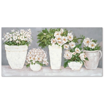 Quadro lungo orizzontale vasi fiori bianchi e foglie verdi 140x70  43053