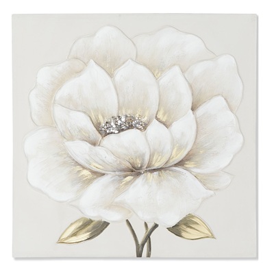 Quadro 60x60cm fiori bianchi su sfondo grigio pistilli brillantinosi  43035