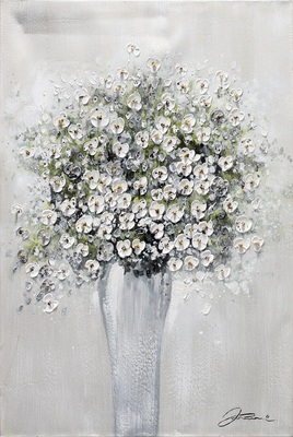Quadro mazzo di fiori bianchi con foglie verdi in vaso sfumature grigie 60x90  42374