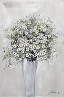 Quadro mazzo di fiori bianchi con foglie verdi in vaso sfumature grigie 60x90  42374