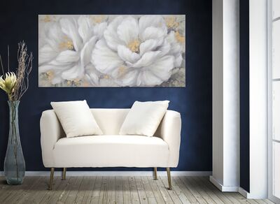 Quadro moderno lungo toni tortora con fiori bianchi e sprazzi oro 140x70cm 40348 COLORI E LUCI