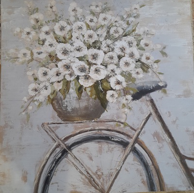 Quadro grande 100x100 bicicletta con cesto di fiori bianchi 39943 COLORI E LUCI