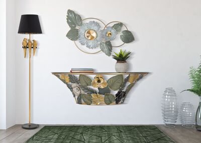 Quadro orizzontale fiori azzurri e foglie verdi 90,5x50 in metallo  40497