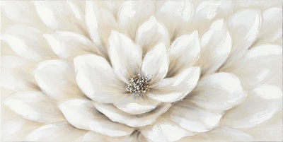 Quadro moderno dipinto fiore bianco peonia e pistilli metallici materici 100x50 39886 COLORI E LUCI