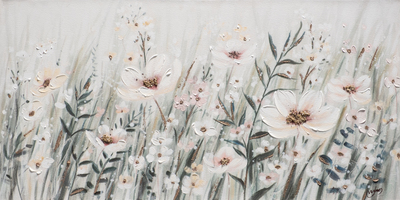 Quadro delicato prato di fiori bianchi con sfondo tenue 120x60 COLORI E LUCI