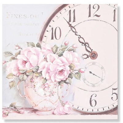 Quadro su tela dipinto 60x60 con rose e orologio  43019