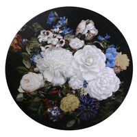 Quadro grande rotondo nero con fiori bianchi blu diametro 80cm  39313