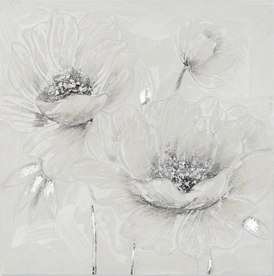 Quadro dipinto su tela 80x80 fiori bianco/argento B 41347 COLORI E LUCI